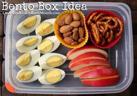 Bento Box Ideas – Hard Boiled Egg, Apples Slices, Pretzels and Almonds